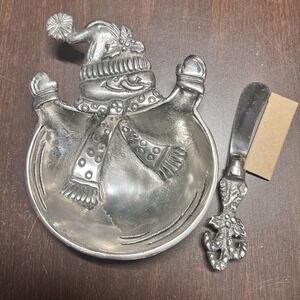 Vtg Snowman Metal Dip Bowl w/ Spreader Knife Christmas Holiday Server Cheeseball